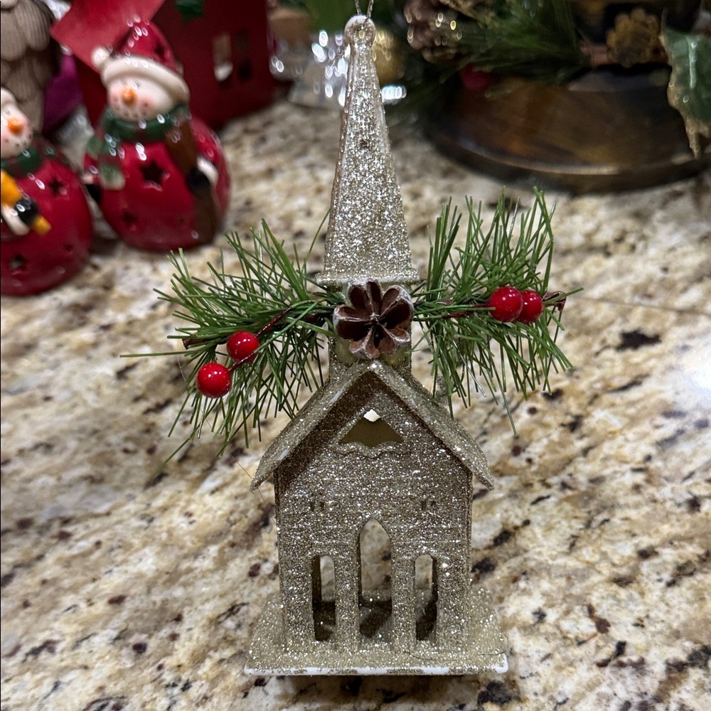 Glittery Gold Holiday Church Ornament